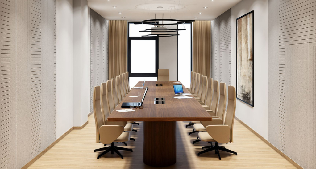 Board room with long table and chairs for meetings and presentations - Interior design.
